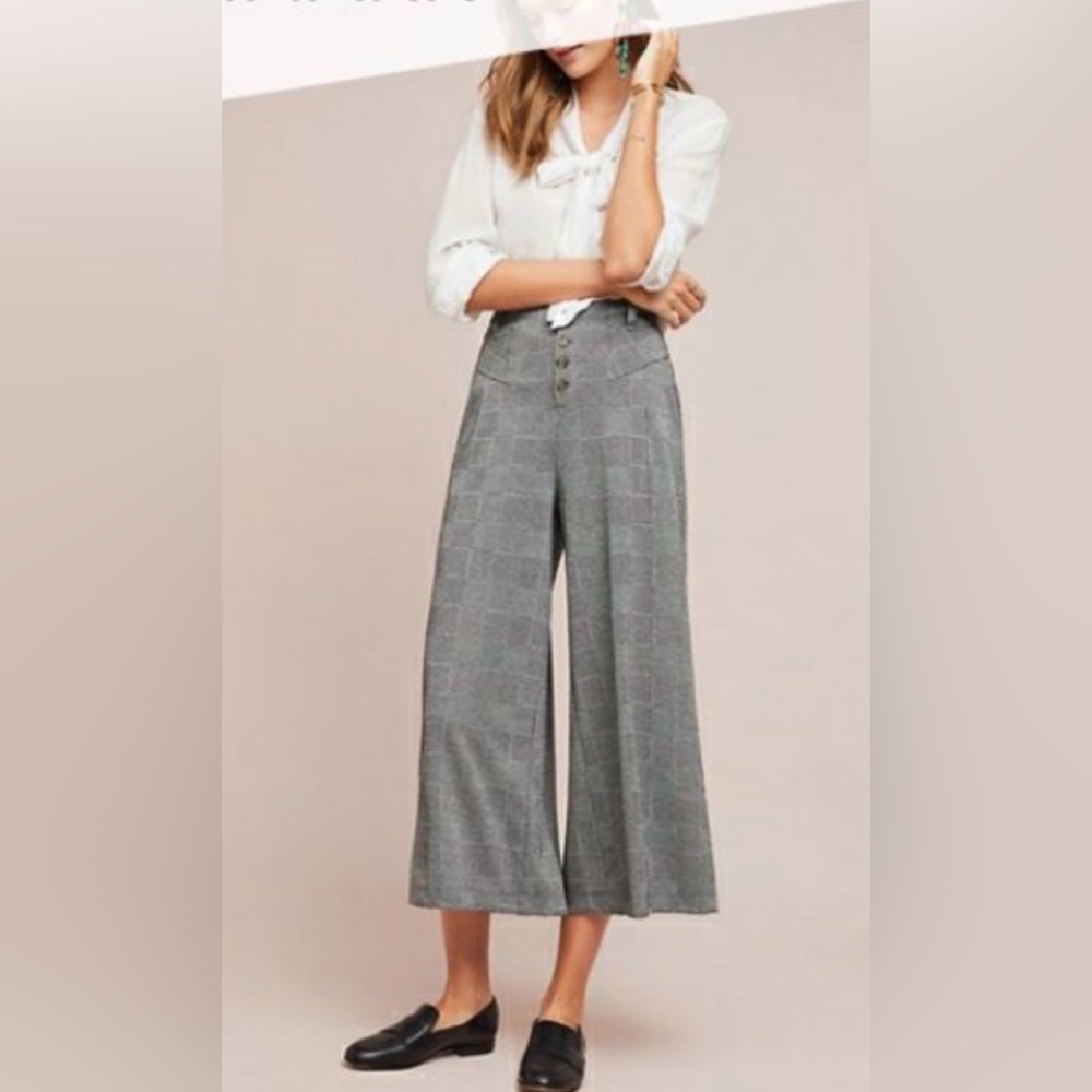 Anthropologie Maeve Plaid Womens Wide Legged Cropped Black Grey Plaid Pants XS